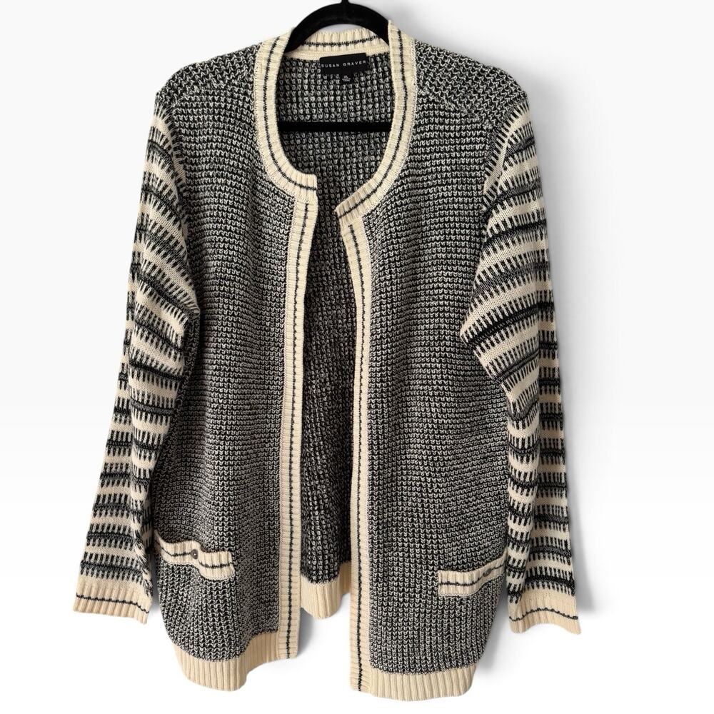 Susan Graver Textured Black Cream Open Front Cardigan Sweater Size XL